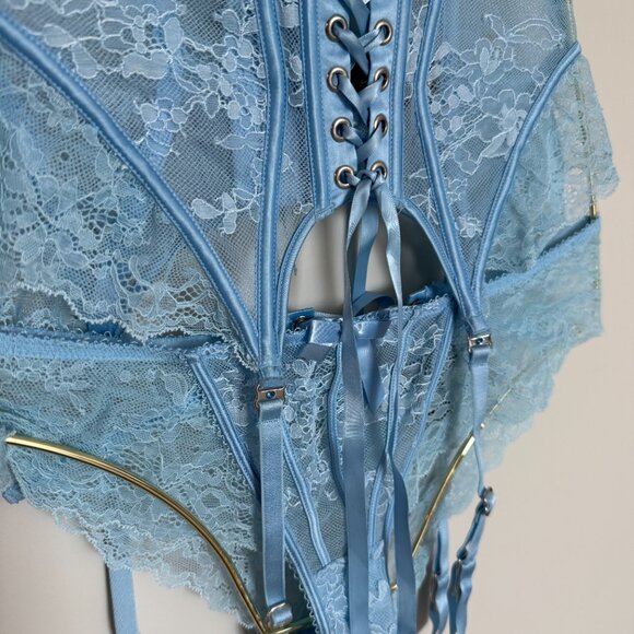 Honey Birdette “Rebecca” Lace-Up Corset Bra + Garter + Panty Set – Baby Blue - Picture 4 of 5